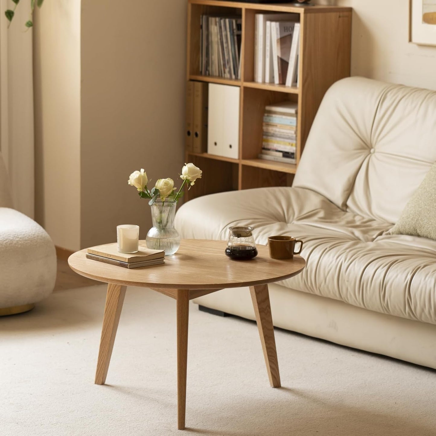 100% Solid Oak Wood Mini Coffee Table, Round Side Table w/Solid Wood Legs, Walnut Mid Century