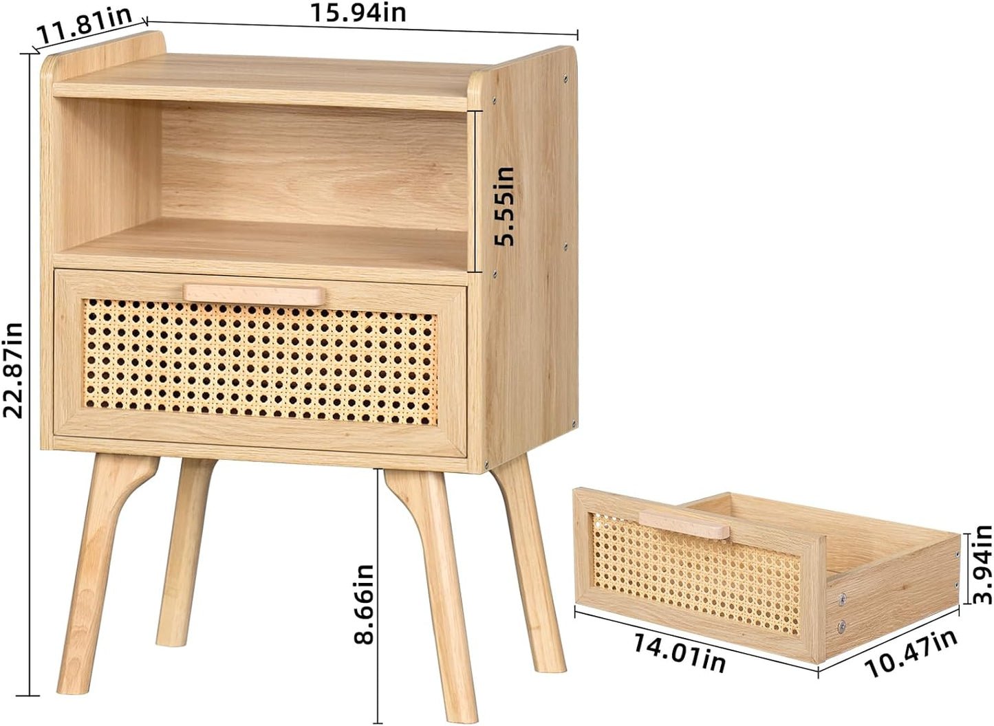 Lerliuo Rattan Nightstands Set of 2, Boho Side Table with Drawer Open Shelf, Cane Accent Bedside