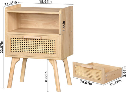 Lerliuo Rattan Nightstands Set of 2, Boho Side Table with Drawer Open Shelf, Cane Accent Bedside