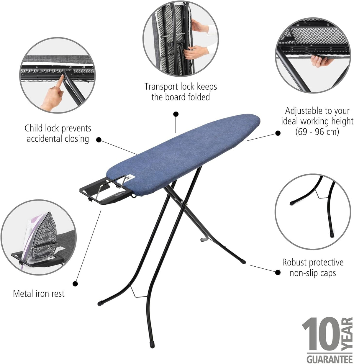 Brabantia Size A Compact Small Ironing Board (43x12 in) 7 Height Options, Adjustable Steam Iron