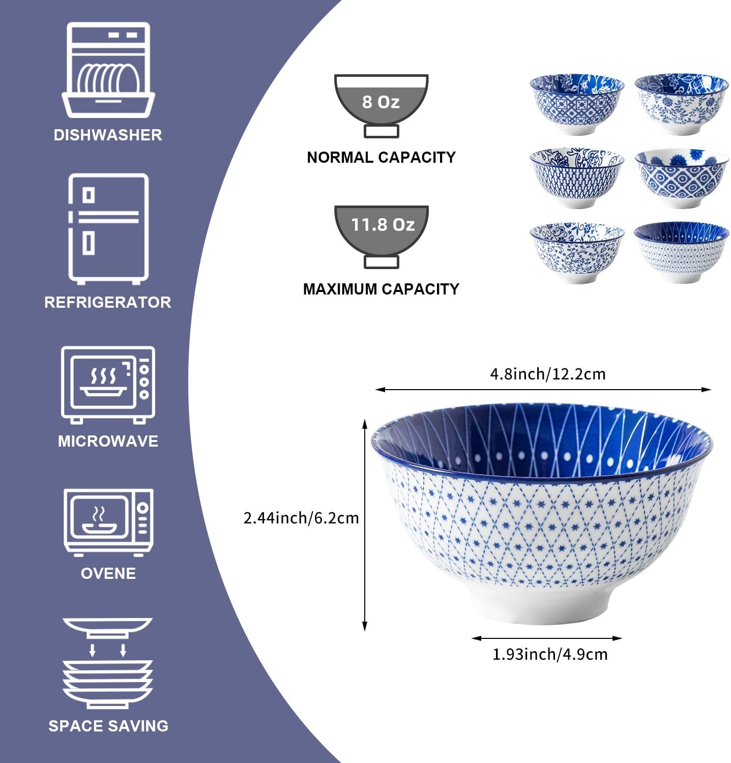 Ceramic Dessert Bowls Set - 12 Oz Small Cereal Bowls 4.75 Inch Ice Cream Bowl for Fruit, Snack