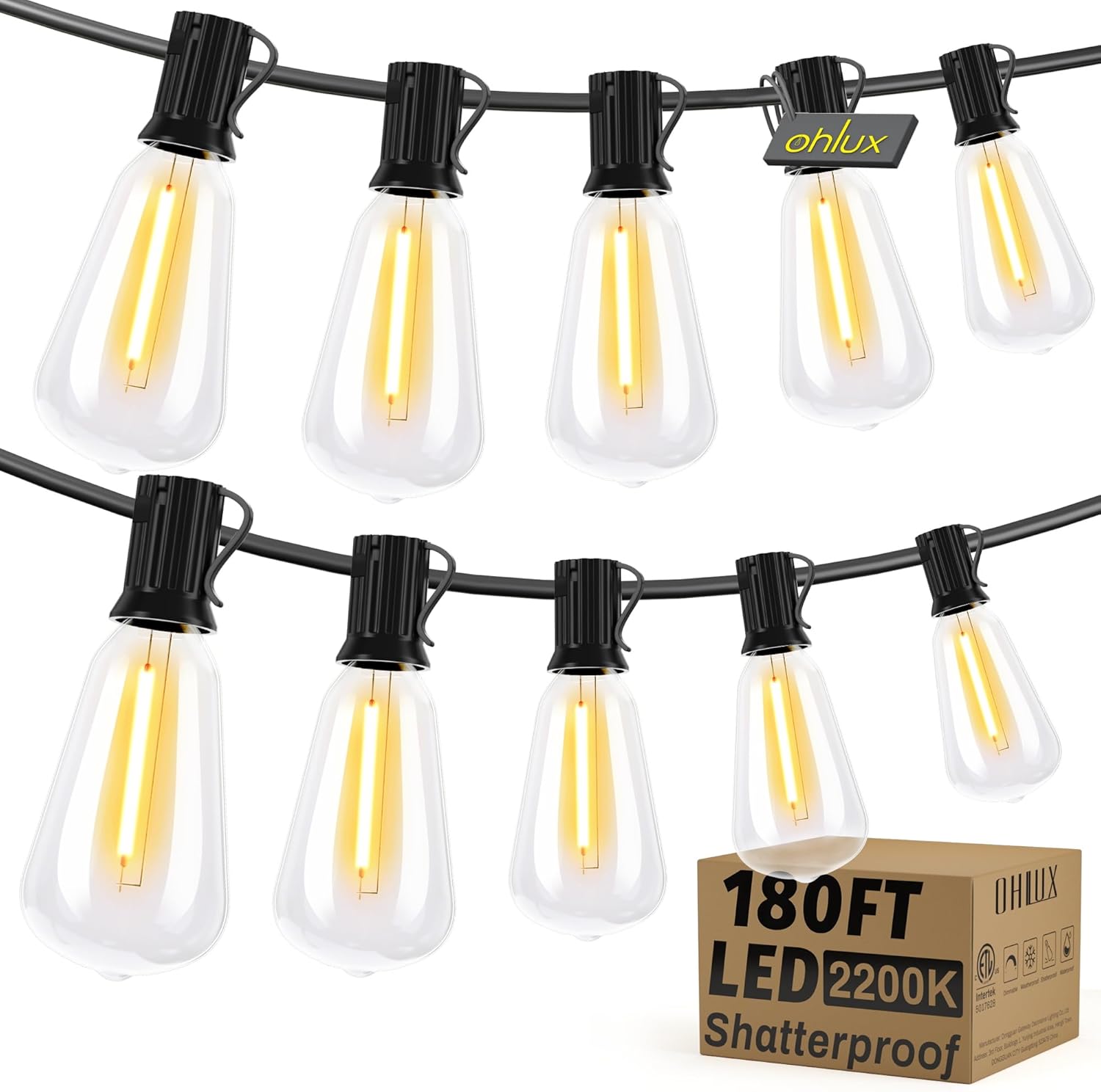 OHLUX Exterior Hanging Lights,180FT Connectable Outside Patio Lights with 94 Shatterproof ST38 LED