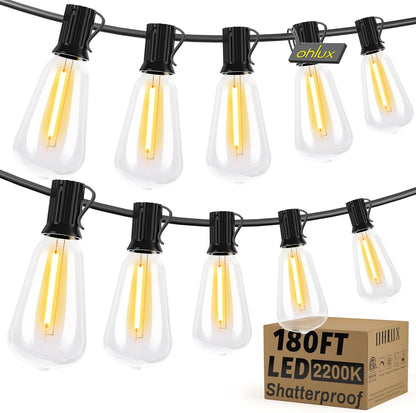 OHLUX Exterior Hanging Lights,180FT Connectable Outside Patio Lights with 94 Shatterproof ST38 LED