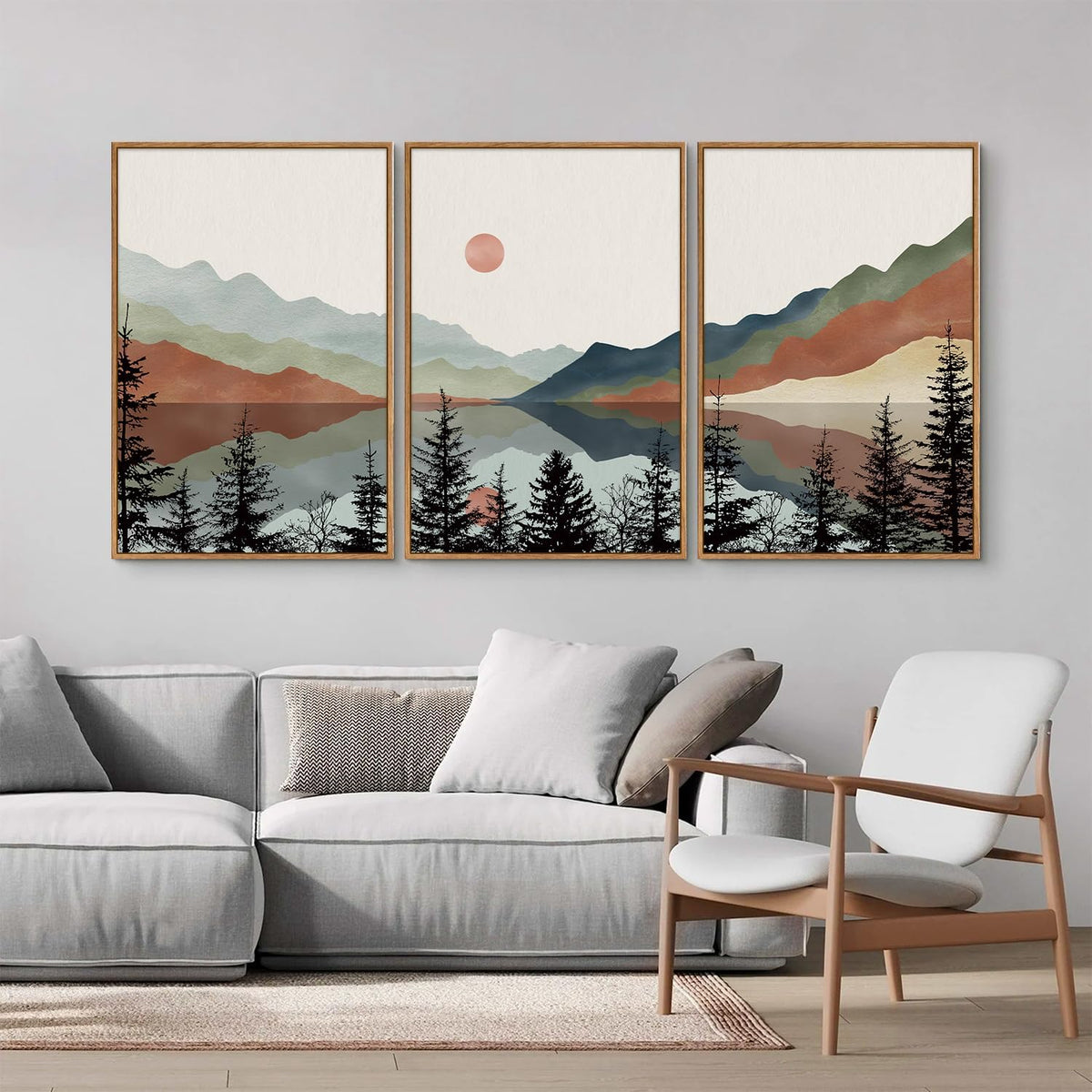Tinonedraw Boho Mountain Framed Canvas Wall Art Set, Watercolor Nature Landscape Wall Decor, Black