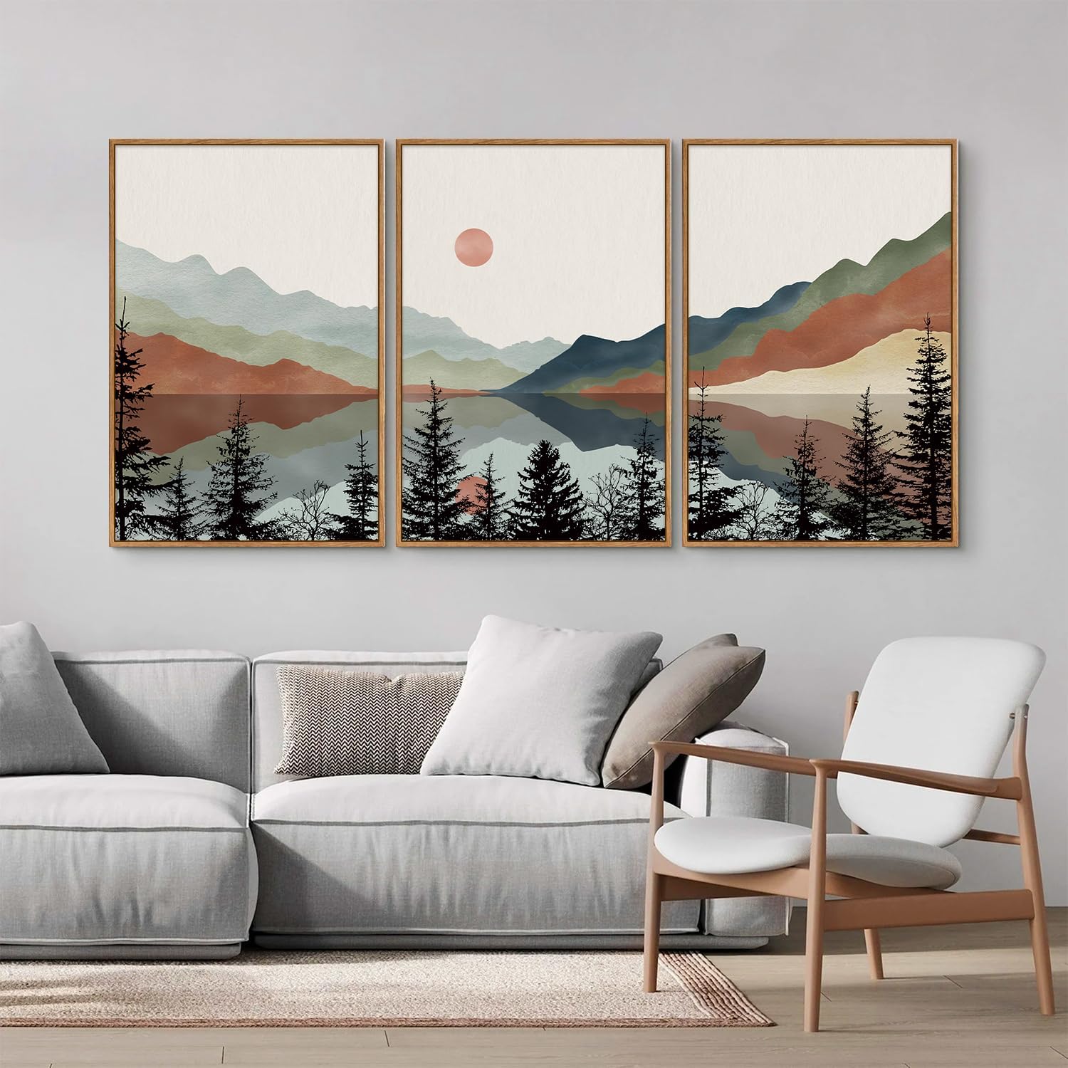 Tinonedraw Boho Mountain Framed Canvas Wall Art Set, Watercolor Nature Landscape Wall Decor, Black