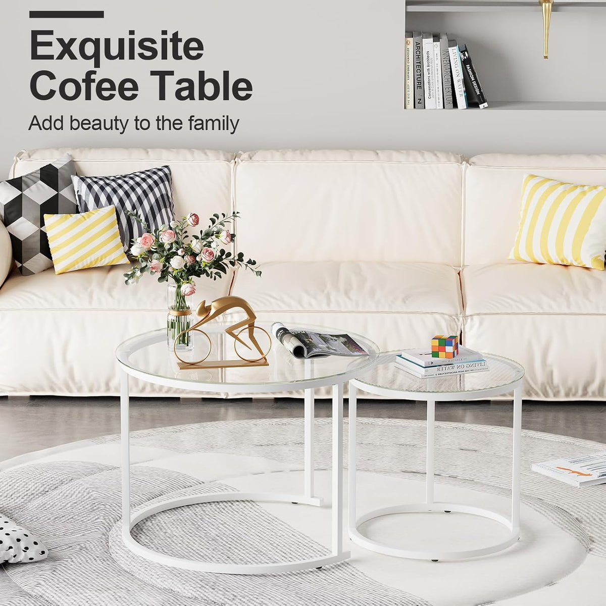 aboxoo White Nesting Glass Table Set of 2, Small Glass Round Nesting Tables for Living Room