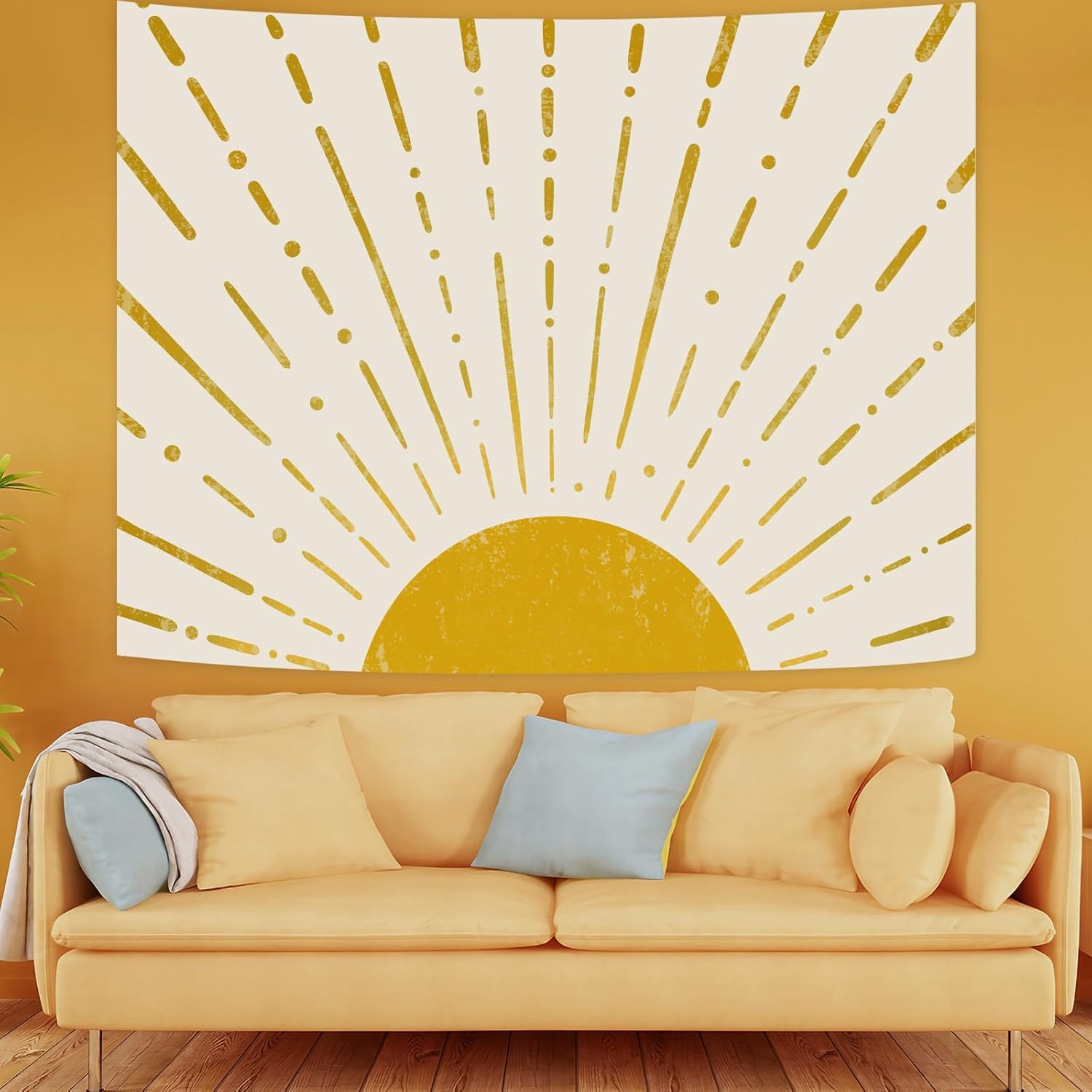 Kanuyee Gold Boho Burning Sun Tapestry Wall Hanging, Retro 70s Abstract Vintage Geometric Line