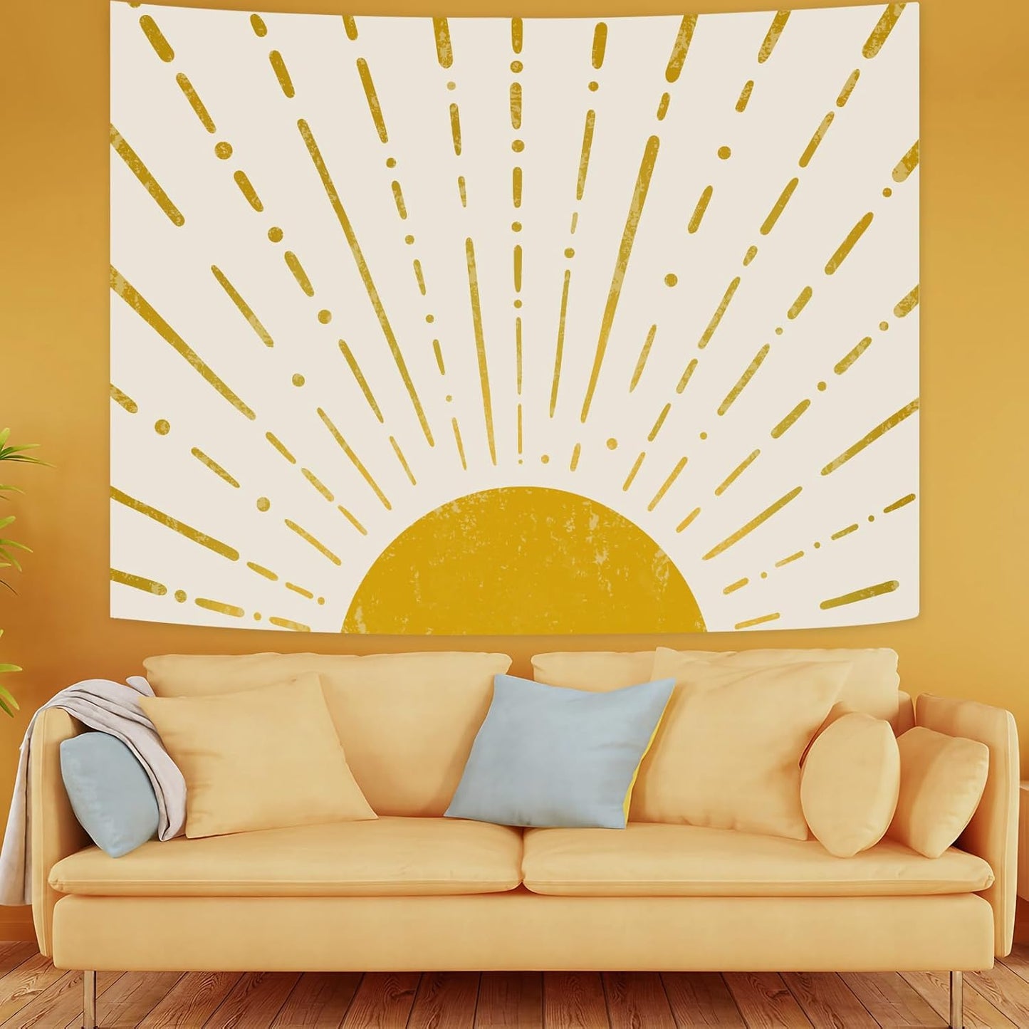 Kanuyee Gold Boho Burning Sun Tapestry Wall Hanging, Retro 70s Abstract Vintage Geometric Line