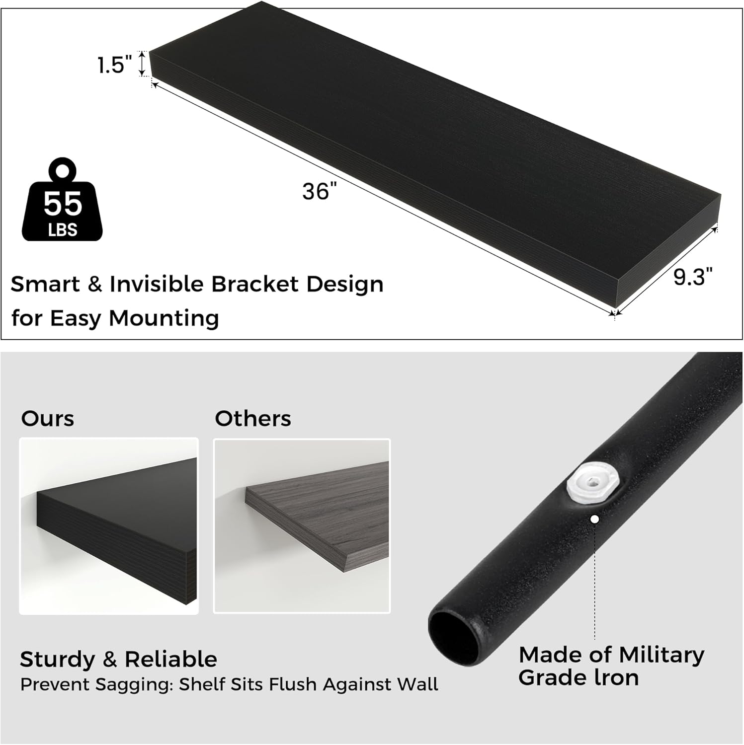 Floating Shelves - 2 Large Wall Mounted Shelves with Invisible Brackets, Long Wood Floating Wall
