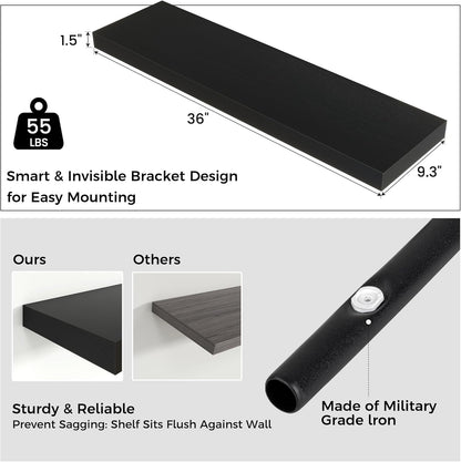 Floating Shelves - 2 Large Wall Mounted Shelves with Invisible Brackets, Long Wood Floating Wall
