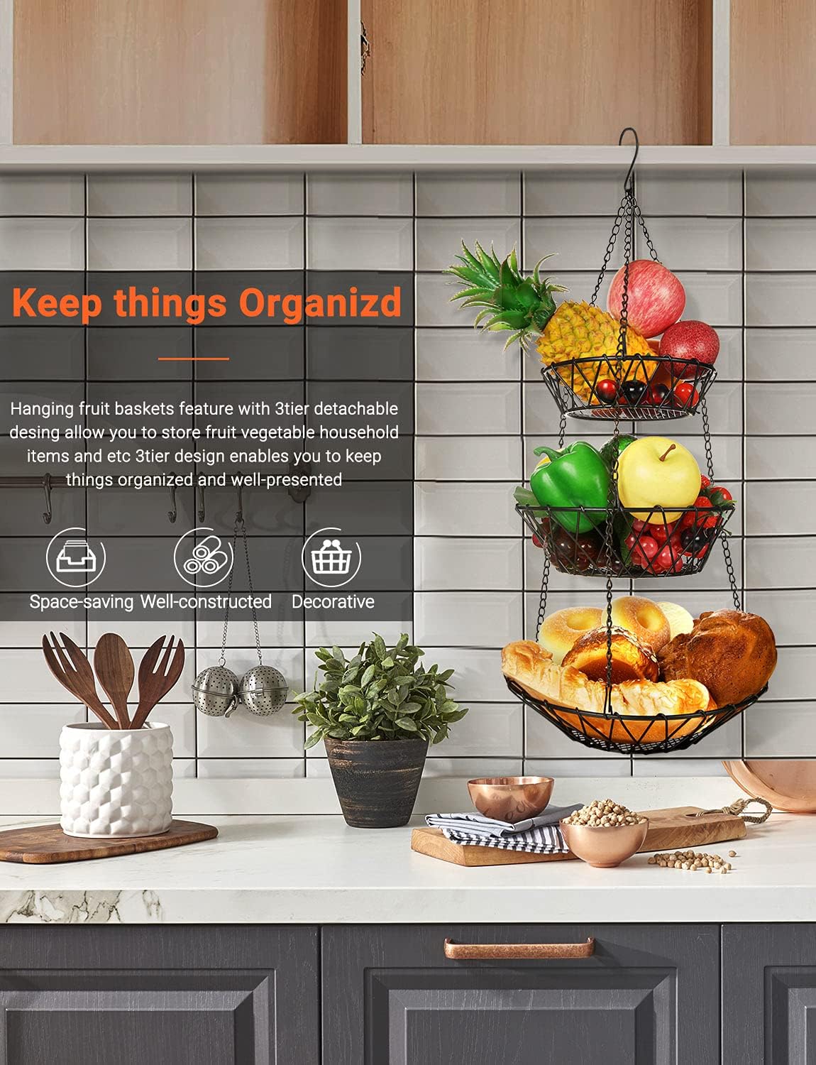 3 Tier Hanging Basket with Sturdy Metal Chain Hanging Hooks Fruit and Vegetable Basket Heavy Duty
