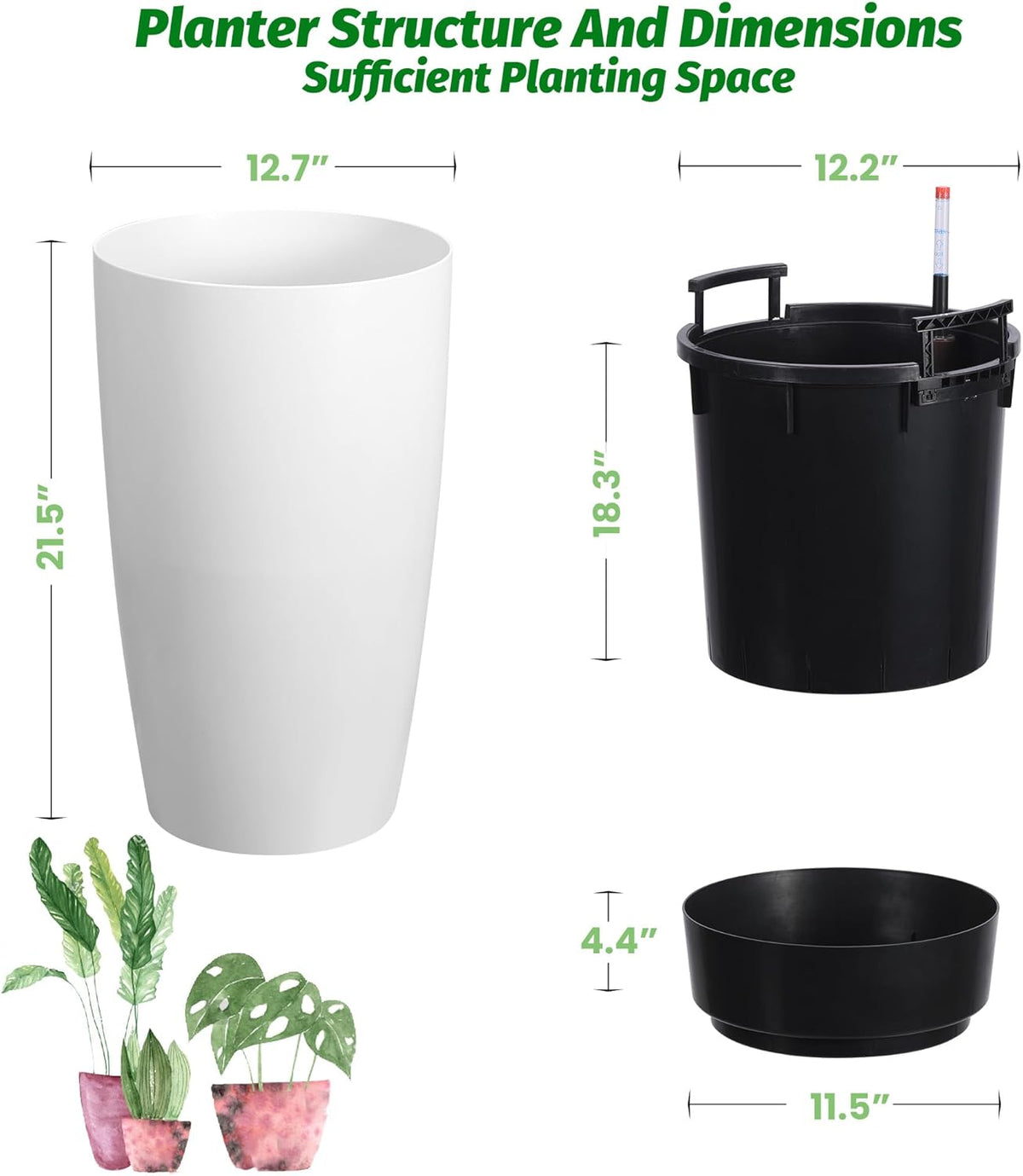22" Tall Round Planter Set of 2, Self Watering Pots for Indoor Plants, Large Flower Pot Outdoor