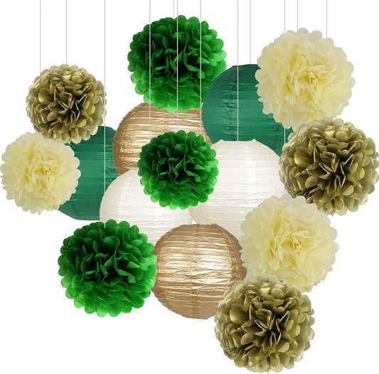 Green Gold Party Decorations, Hanging Paper Lanterns and Pom Poms Flowers for Woodland Baby Shower