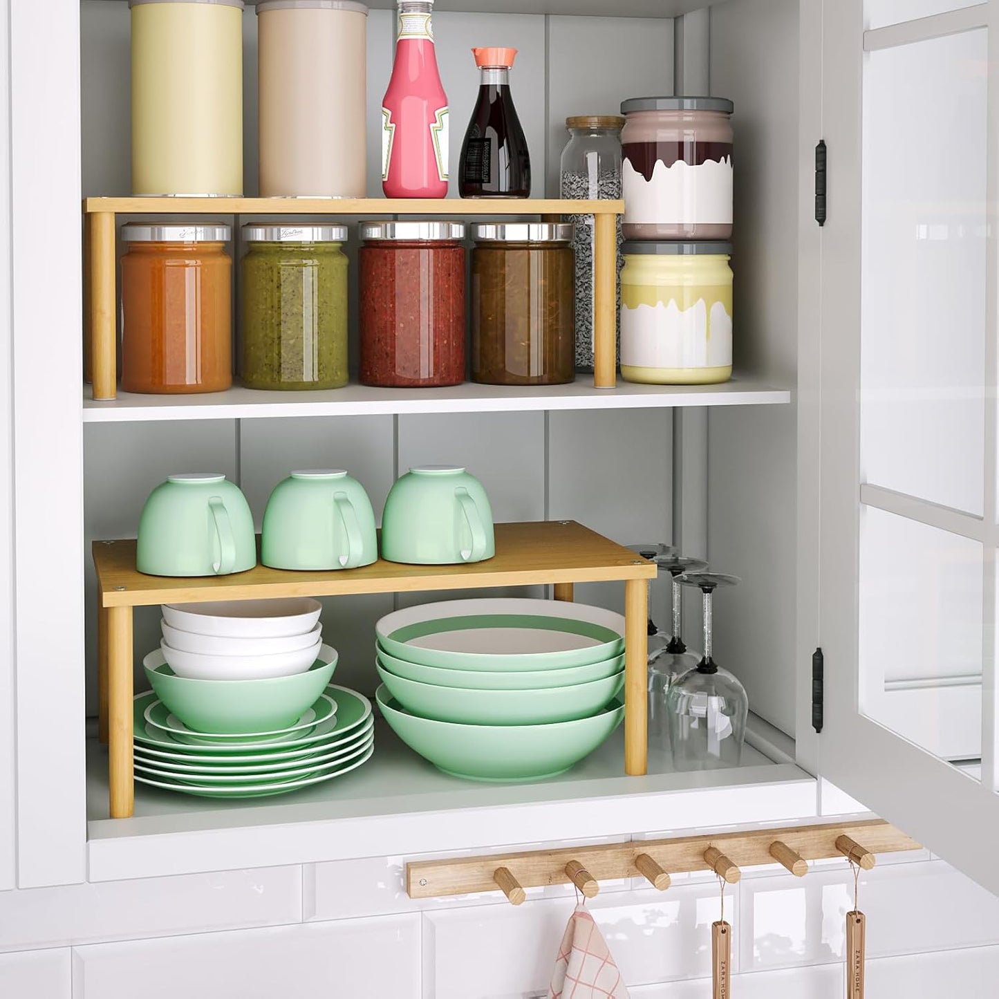 Cabinet Organizer Shelf(Set of 2),Kitchen Counter Shelves,Bamboo Stackable Expandable Spice Rack