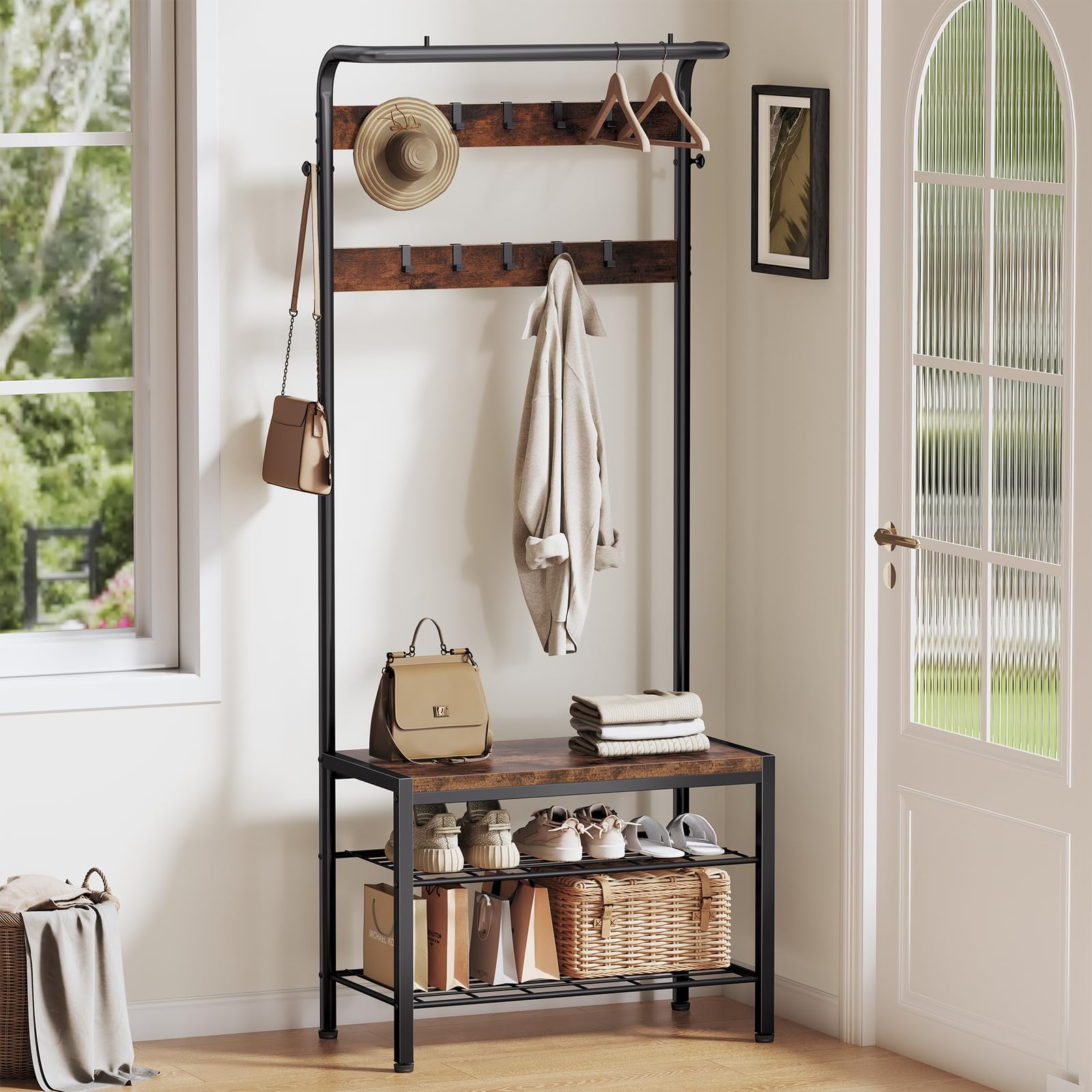 KMFurnila Hall Tree with Bench and Shoe Storage, 4-in-1 Entryway Organizer with 10 Hooks and