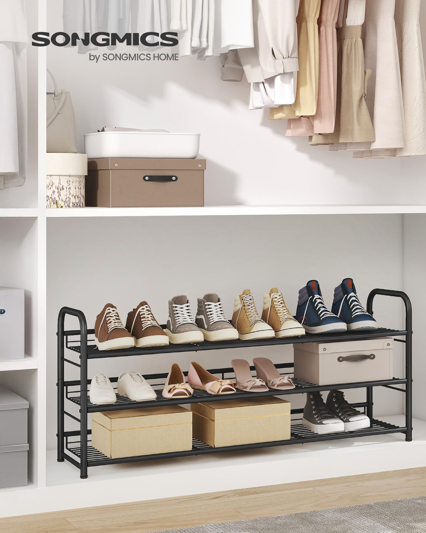 SONGMICS Stackable Shoe Rack, 3 Tier Metal Shoes Rack Storage Shelf, Holds up to 15 Pairs