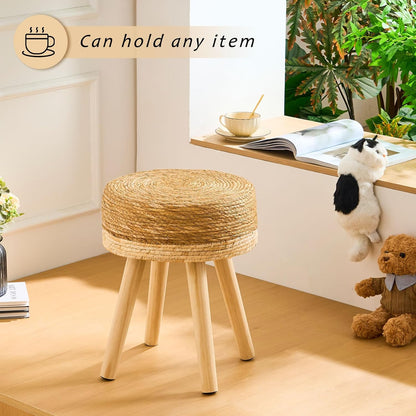 Handwoven Outdoor Ottoman, Water Hyacinth Pouf Round Patio Footstool with Wood Legs, 17-Inch