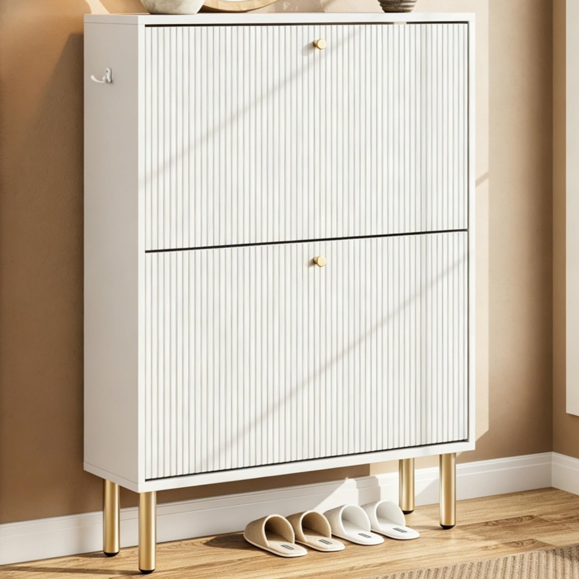 Nicetree Shoe Storage Cabinet for Entryway - 2 Flip Drawers Shoe Cabinet with Tiered Fluted Design