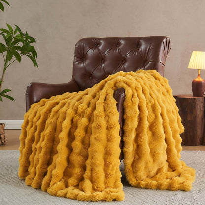 Lotus Karen Faux Fur Throw Blanket Ginger Yellow - Big Bubble Rabbit Fluff Blanket for Couch Bed