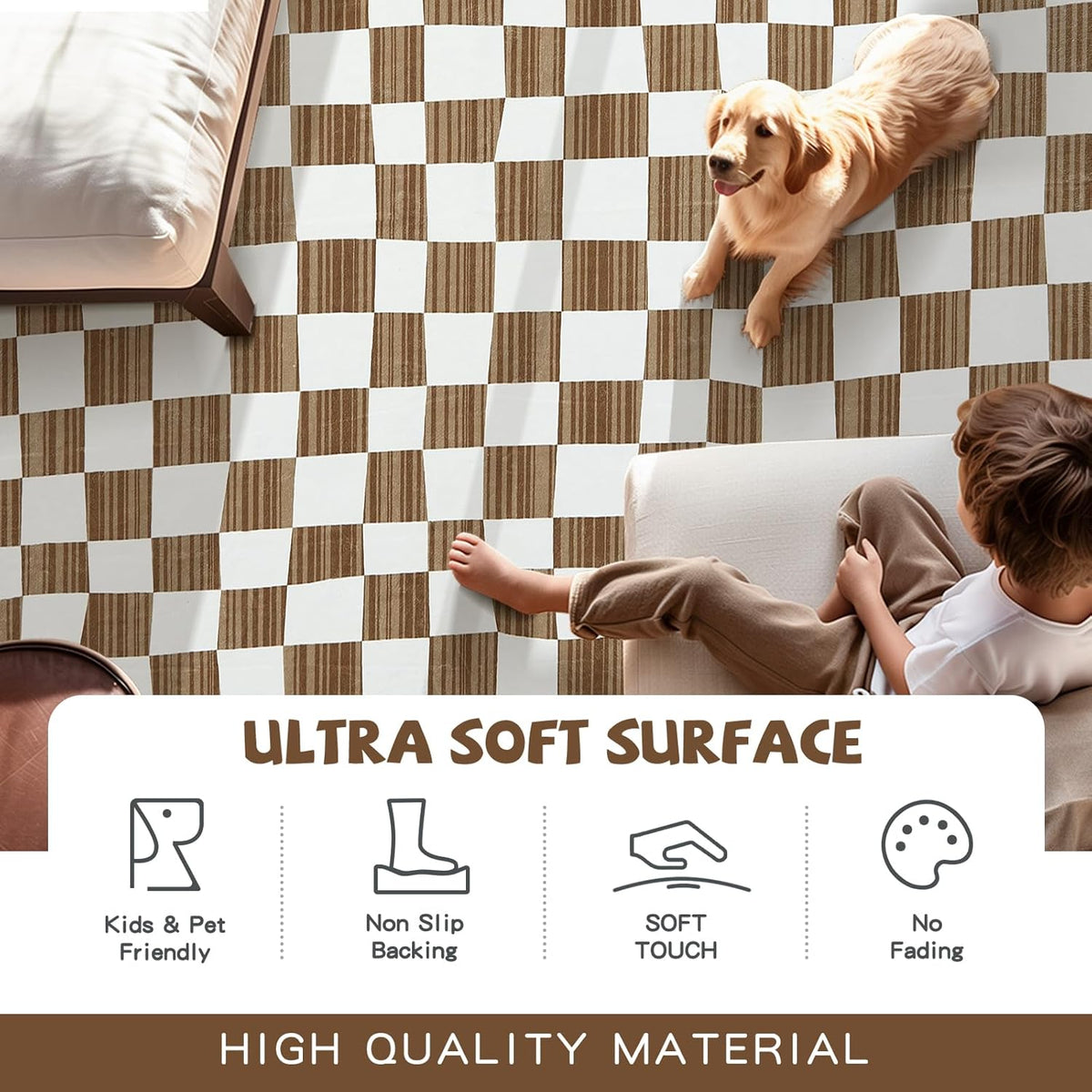 jinchan 5x7 Brown Checkered Area Rugs for Kids Room - Machine Washable Rug Modern Neutral Geometric