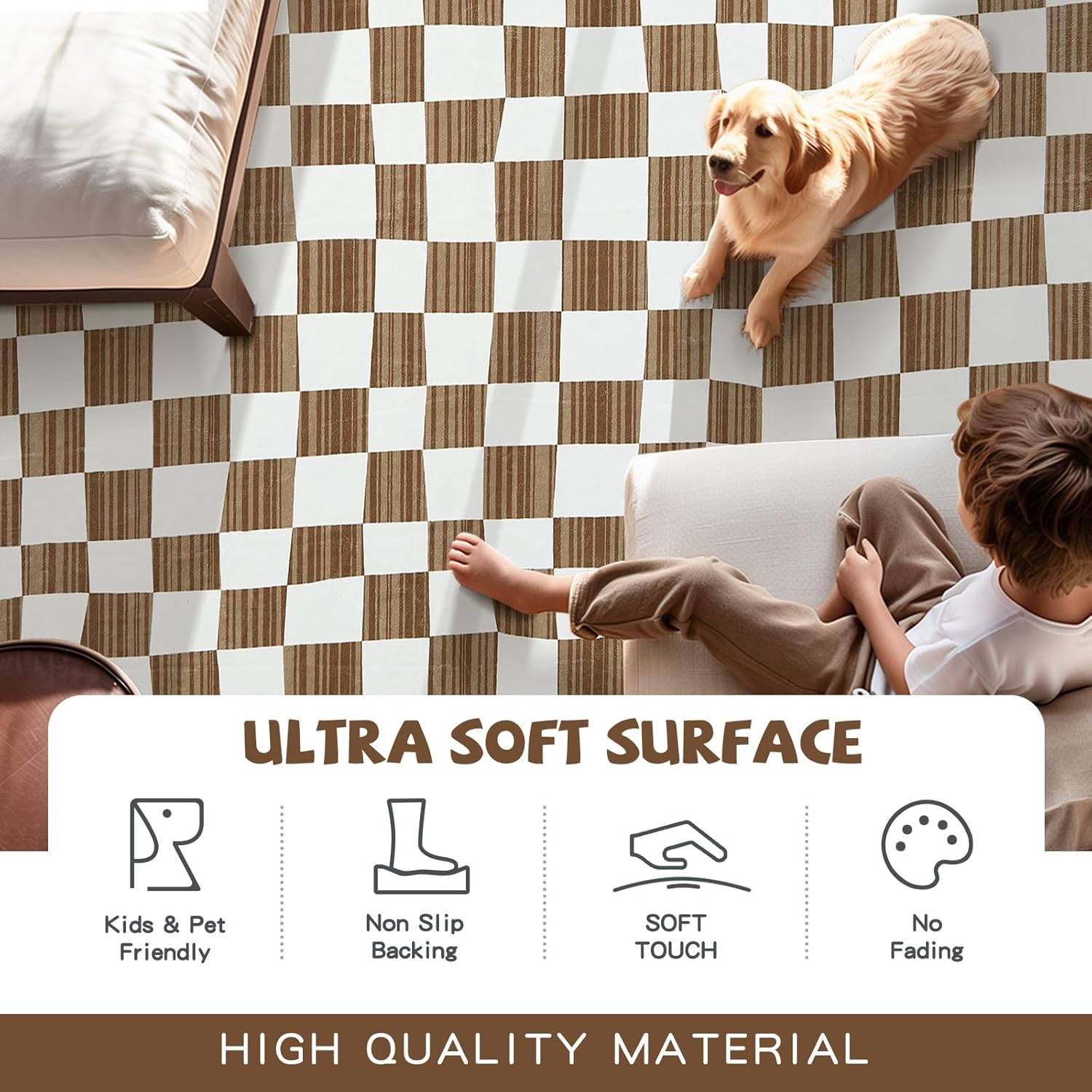 jinchan 3x5 Brown Checkered Area Rugs for Kids Room - Machine Washable Rug Modern Neutral Geometric