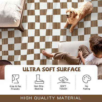 jinchan 8x10 Brown Checkered Area Rugs for Kids Room - Machine Washable Rug Modern Neutral