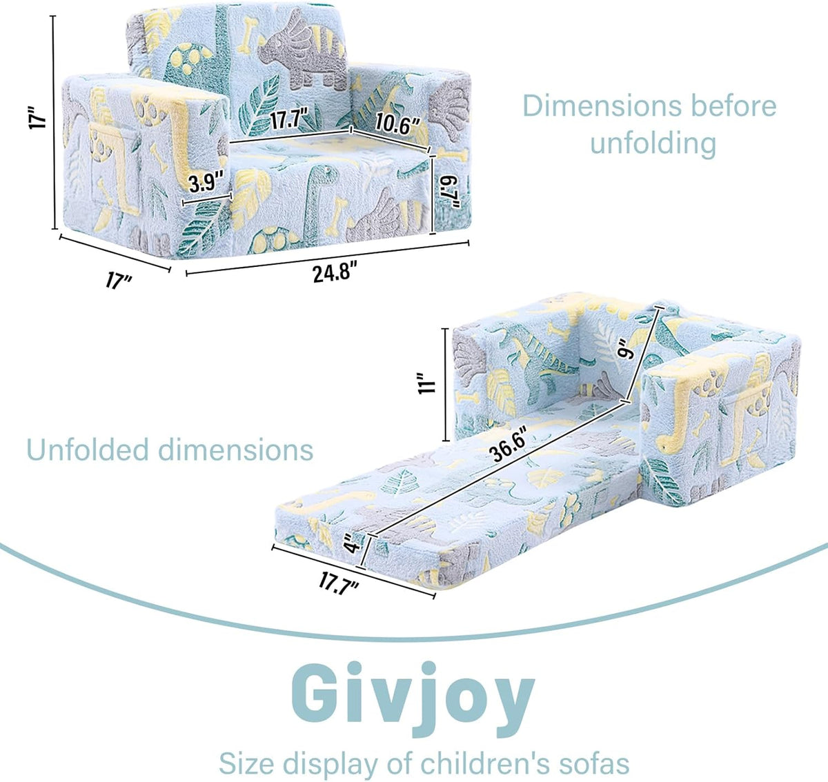 Toddler Chair Kids Couch, 2-in-1 Toddler Soft Sherpa Couch Fold Out Armchair Glow in The Dark with