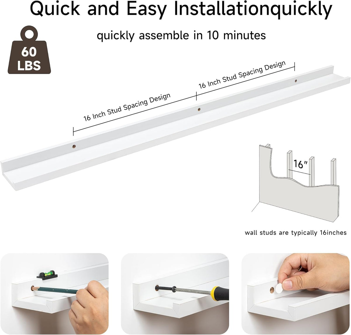 Fun Memories Picture Ledge Shelf, 48 Inch Floating Shelves Set of 2, Large Nursery Book Shelves for