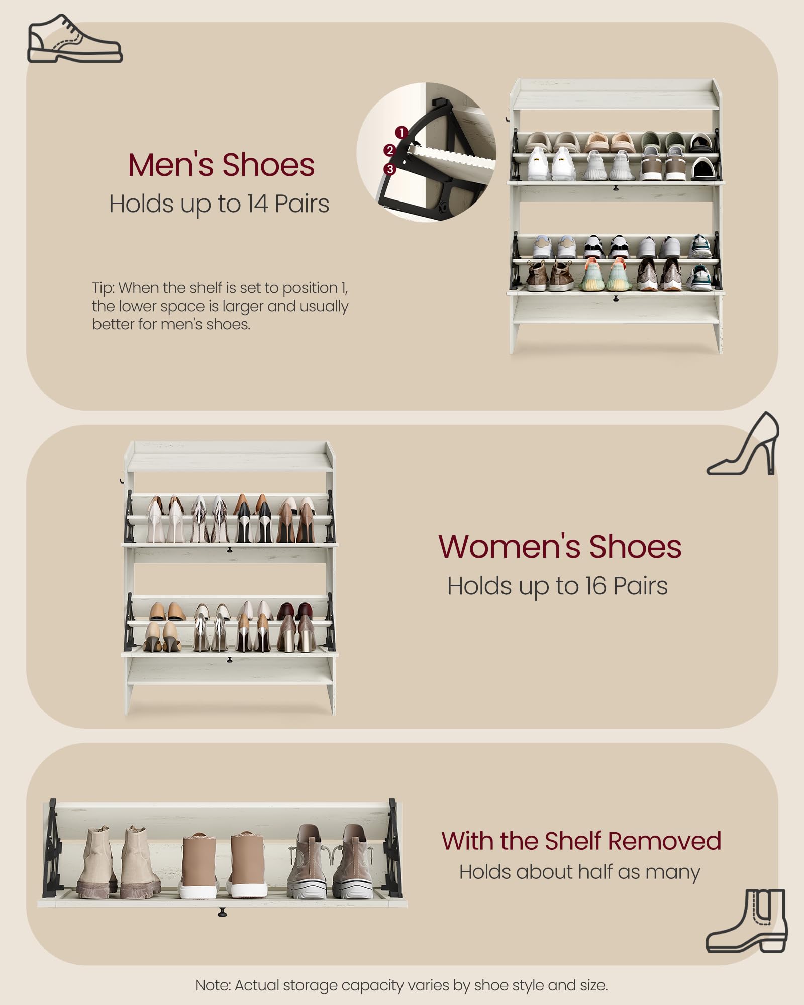 VASAGLE Shoe Storage Cabinet Organizer with 2 Flip Drawers, Freestanding Narrow Shoe Rack Cabinet