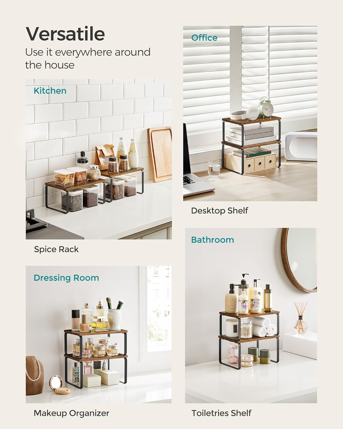 SONGMICS Cabinet Organizer Shelf, Set of 2 Kitchen Counter Shelves, Kitchen Storage, Spice Rack