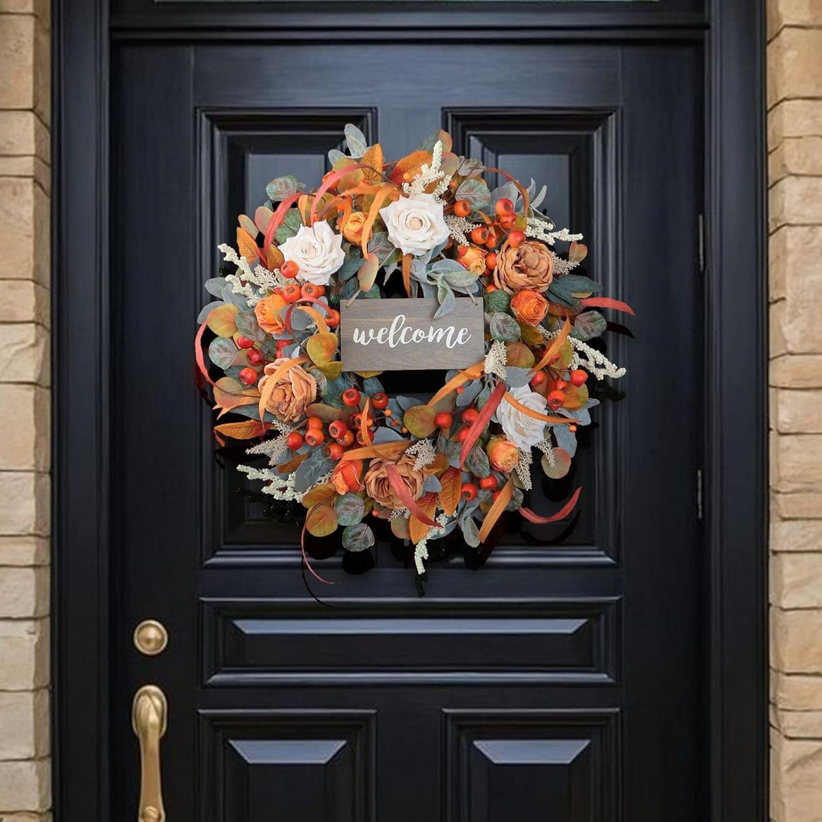 Fall Wreath for Front Door, 24 Inch Autumn Wreath with lamb's Ear Leaves, Roses, Berries & Wooden