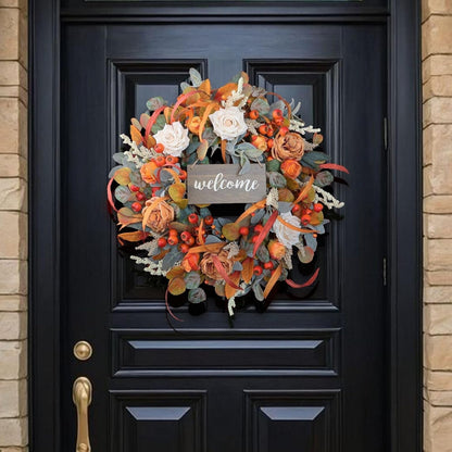 Fall Wreath for Front Door, 24 Inch Autumn Wreath with lamb's Ear Leaves, Roses, Berries & Wooden