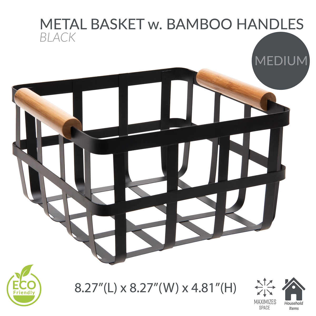 Simplify 4 Pack Square Metal Storage Basket with Bamboo Handles | Medium | Farmhouse Style Wire