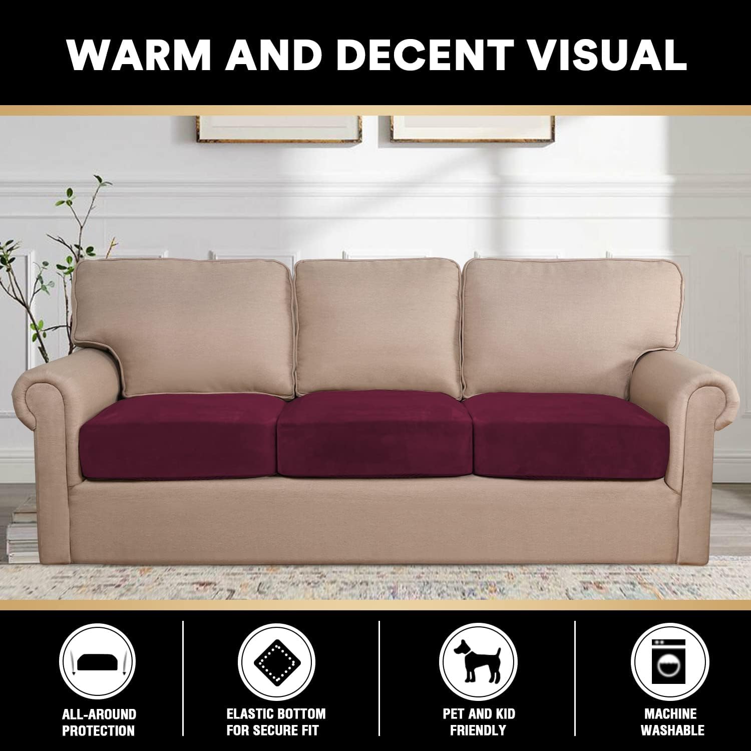 PrinceDeco Stretch Couch Cushion Covers Fitted Individual Seat Couch Slipcover Sets Velvet Fabric