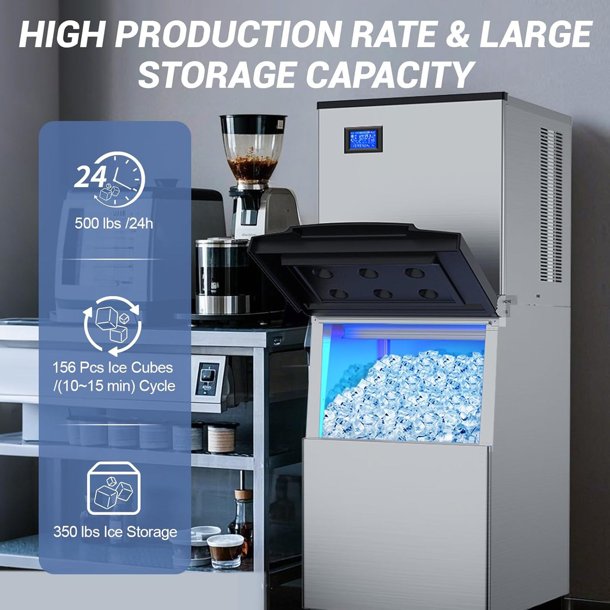 Ice Maker Commercial Ice Machine Large Capacity Stainless Steel 500 Lbs/24H Industrial Ice Machine