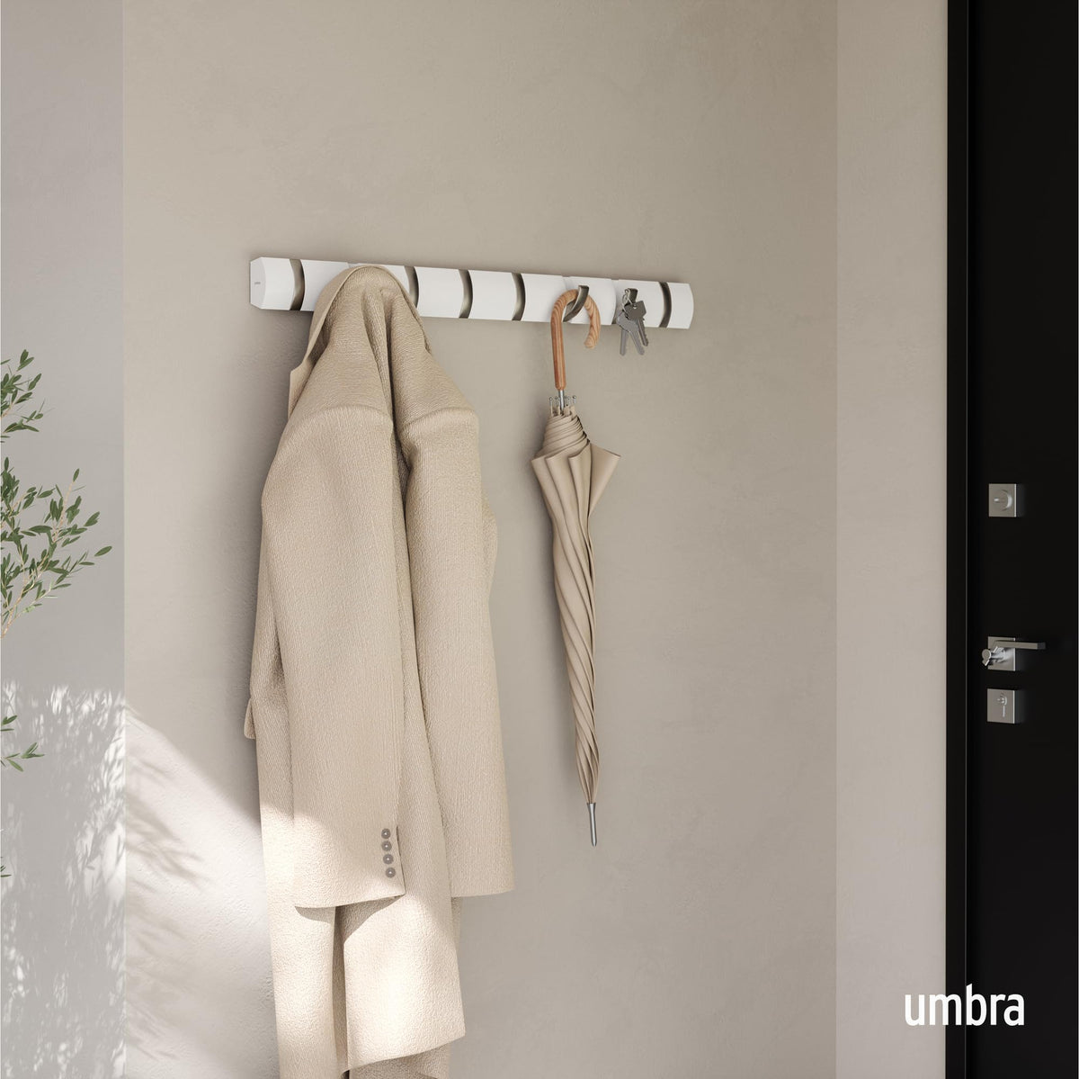 Umbra Flip Coat Rack, Wall Mount 8-Hook, Space Saving, White