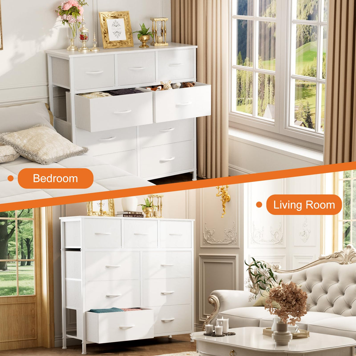 Sweetcrispy 9 Drawer Fabric Dresser Storage Tower Drawer Organizer, White