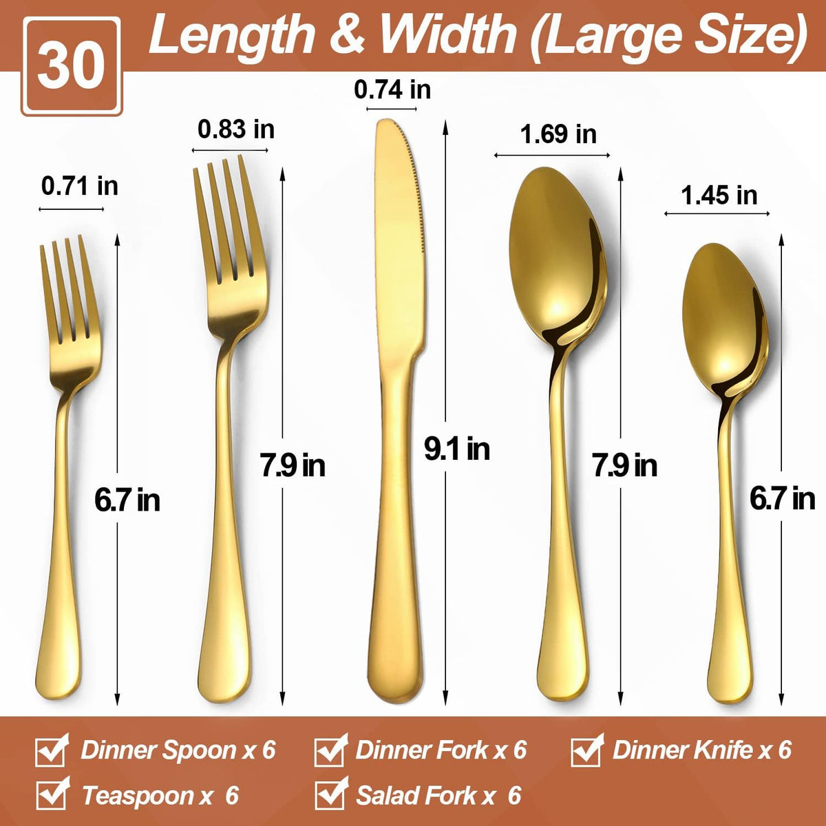 Lazycorner 30 Pcs Gold Silverware Set for 6, Food Grade Stainless Steel Flatware Set Include