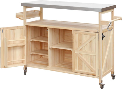 Outdoor Grill Table with Stainless Steel Top, Farmhouse Solid Wood Kitchen Island Cart with