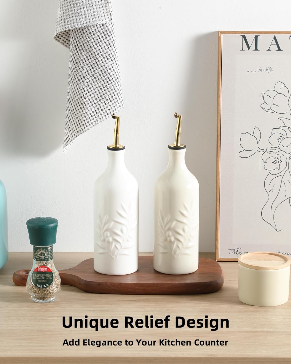 Sweejar Ceramic Olive Oil Dispenser Bottle 20 Oz Relief Opaque Oil Cruet Protects To Reduce