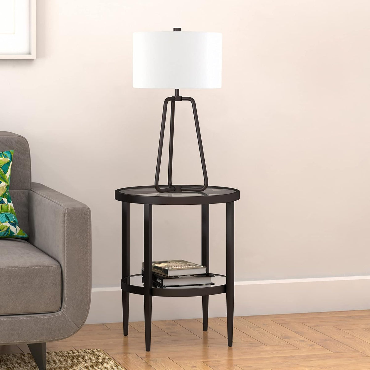 Henn&Hart 20" Wide Round Side Table with Mirror Shelf in Blackened Bronze, Table for Living Room