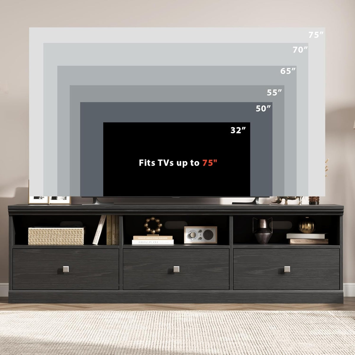 IDEALHOUSE 70in TV Stand for TVs up to 80", Mid Century Modern Entertainment Center with Storage