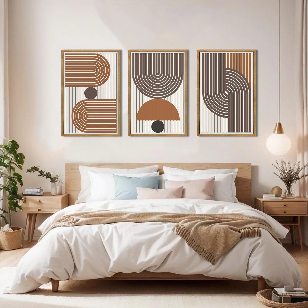 Mid Century Boho Modern Wall Art Set Abstract Geometric Wooden Wall Decor Minimalist Line Neutral