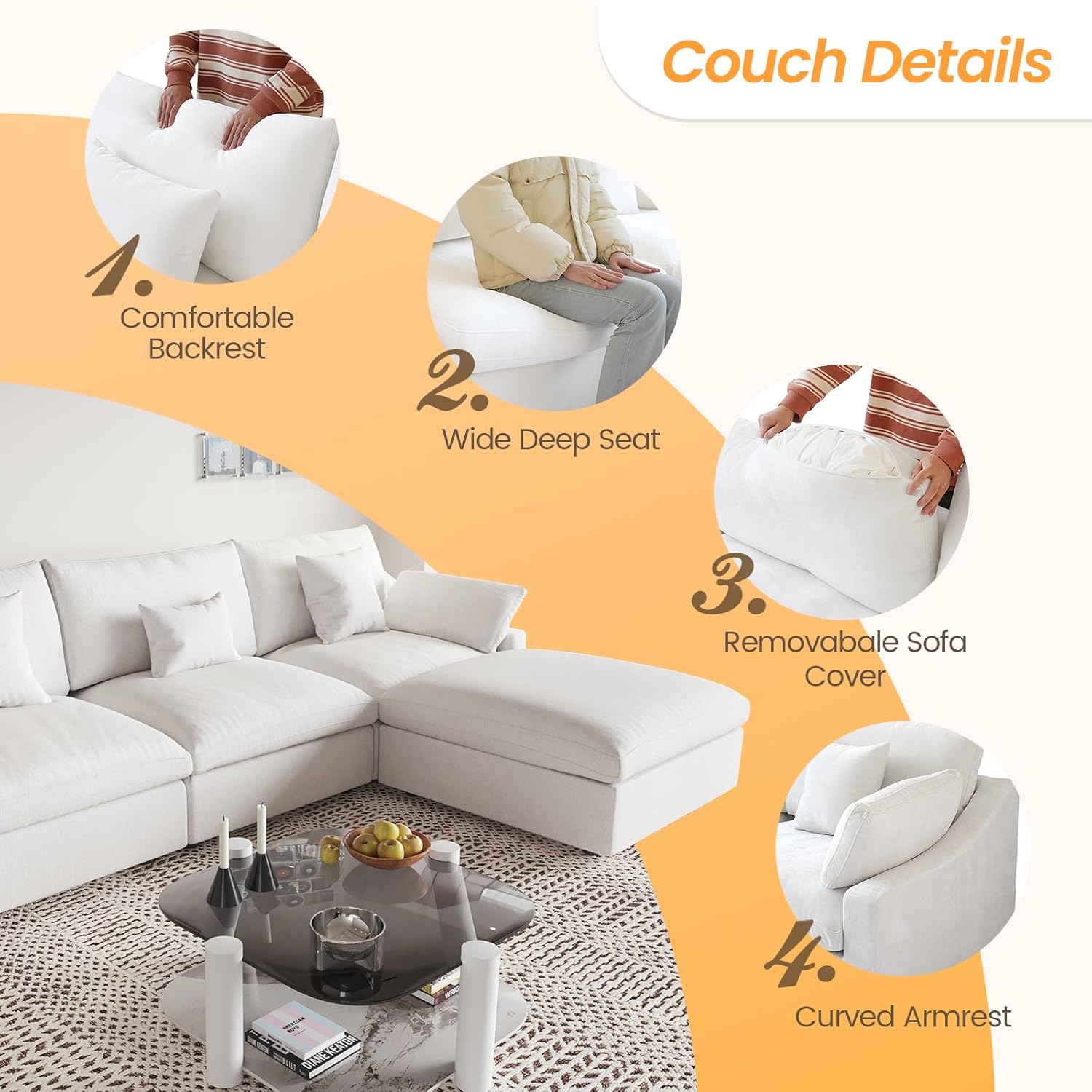 JACH U Shaped Sectional Couches, Cloud Sectional Couch with Deep Seat, 119" Down Filled Modular