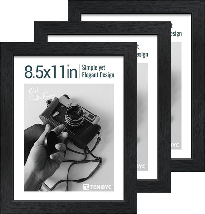 8.5x11 Picture Frame Set of 3 - Black Woodgrain, Solid Wood & HD Tempered Glass, Table Display or