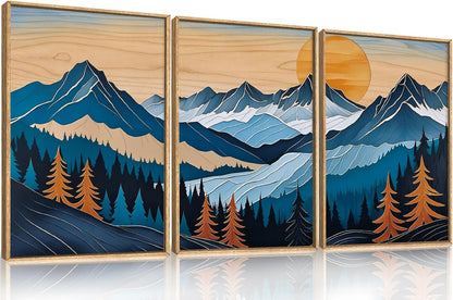 Celestdeco Blue Woodcut Mountain Framed Canvas Wall Art Set, Boho Abstract Ridge Wall Decor, Pine