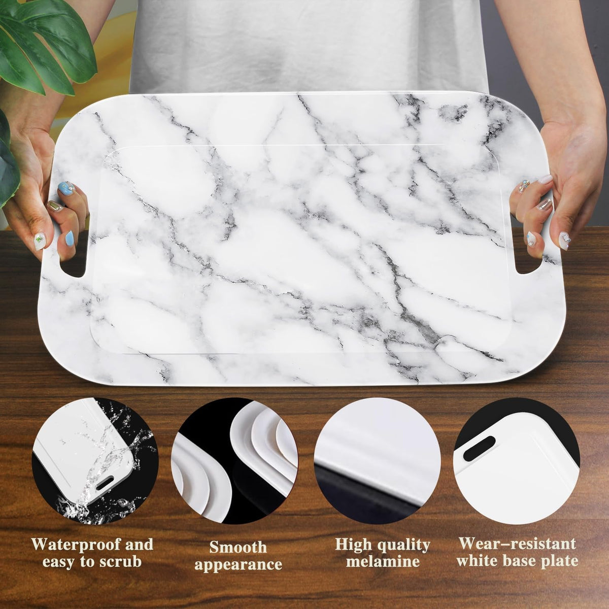 Serving Trays with Handles, 14.5 x 9.8 inch Rectangular Plastic Tray for Restaurant, Kitchen, Gray