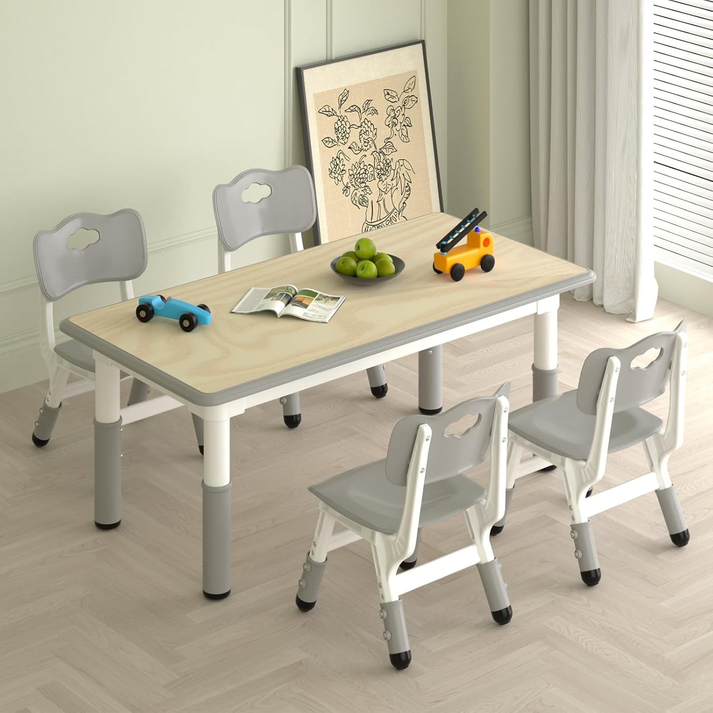 Kids Study Table and 4 Chairs Set,Height Adjustable Table and Chairs for Children and
