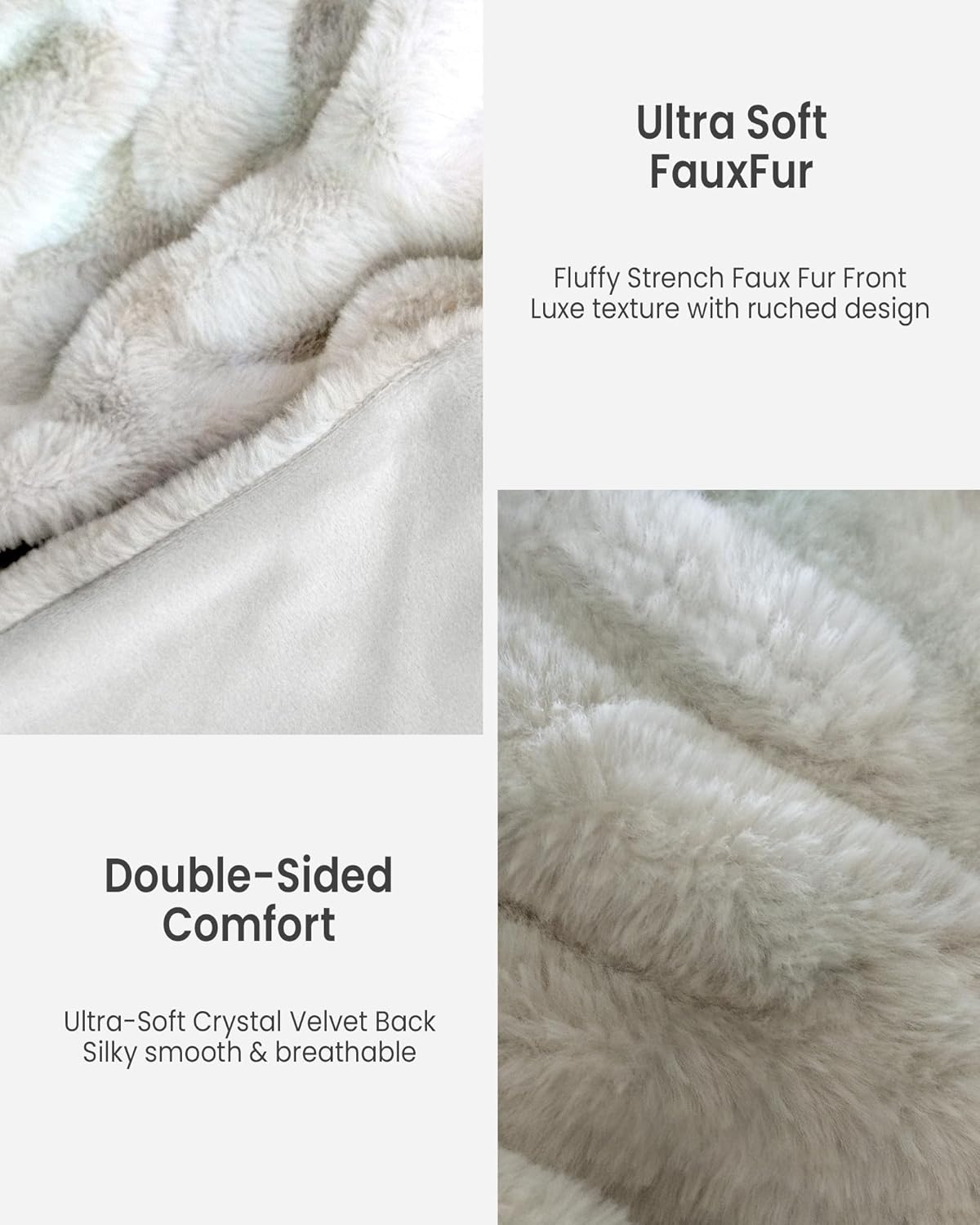 Faux Fur Blanket, Twin Size Oversized Throw Blanket for Couch, Fluffy Blanket with Stretch Ruched