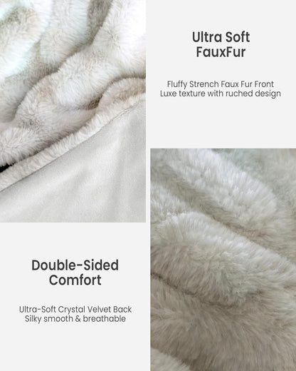 Faux Fur Blanket, Twin Size Oversized Throw Blanket for Couch, Fluffy Blanket with Stretch Ruched
